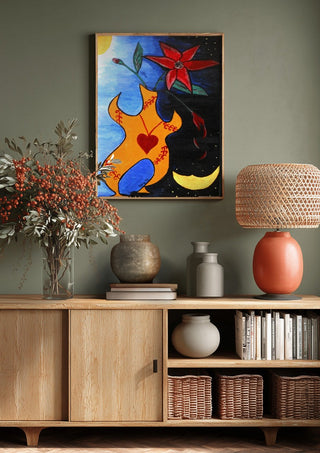 Human Vase by A Sleepy Spirit Art above a wooden sideboard on a sage green wall