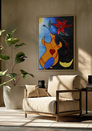 Human Vase by A Sleepy Spirit Art framed above a beige armchair beside a potted plant