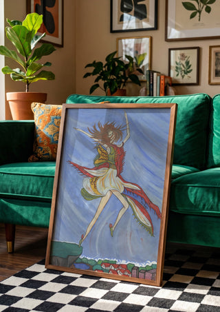 As soon as I can fly by A Sleepy Spirit Art in a wooden frame beside a green velvet sofa on a chequered floor