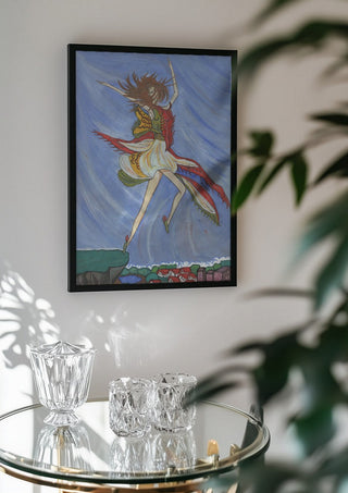 As soon as I can fly by A Sleepy Spirit Art in a black frame above a glass table with crystal glassware