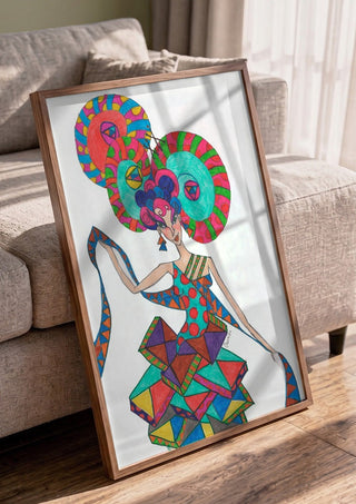 Life is geometry by A Sleepy Spirit Art in a walnut frame leaning against a grey sofa