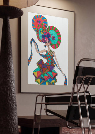 Life is geometry by A Sleepy Spirit Art framed in a dim room beside a tubular steel chair