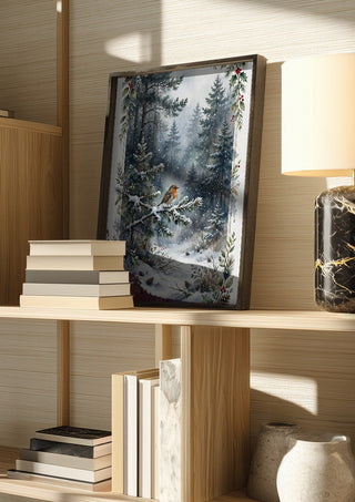 Mr Robin by KG Studio in a dark frame on a wooden shelf beside books and a lamp