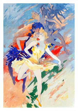 Abstract painting of dynamic dancers in colorful costumes, featuring vibrant blues, yellows, and reds.