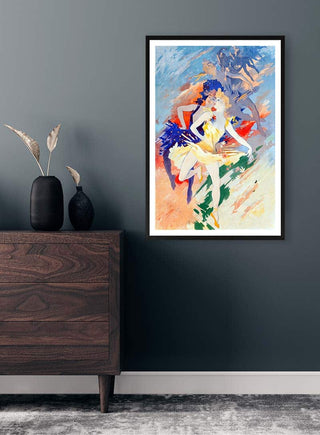 Colorful Dancer by Martina Karlsson, framed artwork on a dark wall above a modern wooden dresser with decor.