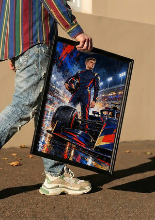 Max Verstappen F1 by Danii Steinfeldt carried in a black frame along a sunny street