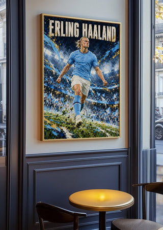 Erling Haaland by Danii Steinfeldt in an oak frame on a panelled cafe wall