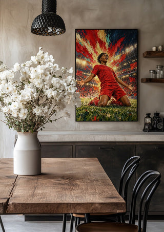 Rio Ngumoha Celebration by Danii Steinfeldt in a black frame above a rustic table with white flowers