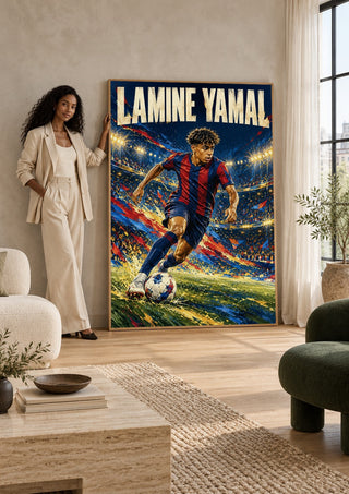 Lamine Yamal by Danii Steinfeldt leaning against a sunlit living room wall beside a woman