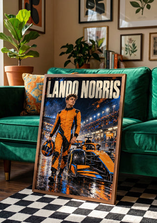 Lando Norris by Danii Steinfeldt in a wooden frame beside a green velvet sofa on a chequered floor