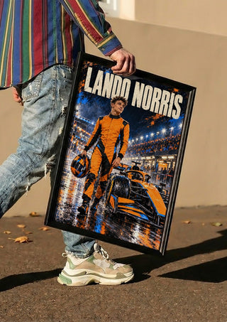 Lando Norris by Danii Steinfeldt carried in a black frame along a sunny street