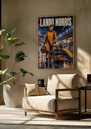 Lando Norris by Danii Steinfeldt framed above a beige armchair beside a potted plant