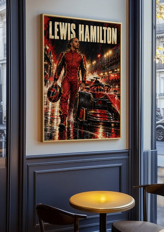 Lewis Hamilton by Danii Steinfeldt in an oak frame on a panelled cafe wall
