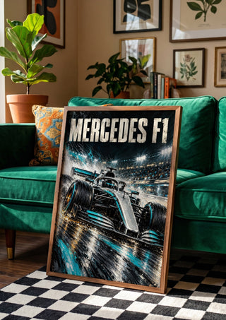 Mercedes F1 by Danii Steinfeldt in a wooden frame beside a green velvet sofa on a chequered floor