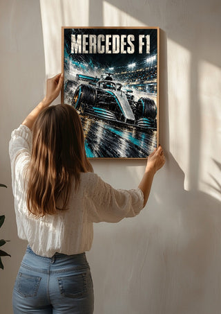 Mercedes F1 by Danii Steinfeldt being hung on a sunlit wall