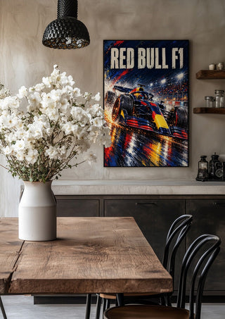 Red Bull F1 by Danii Steinfeldt in a black frame above a rustic table with white flowers
