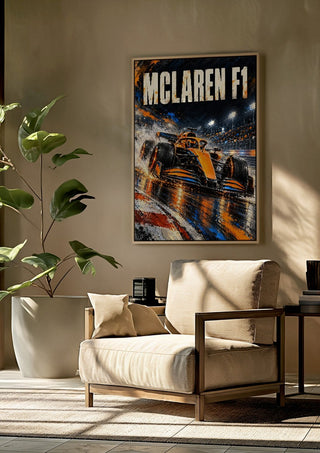 McLaren F1 by Danii Steinfeldt framed above a beige armchair beside a potted plant