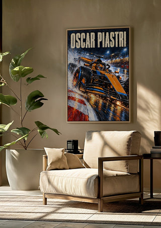 Oscar Piastri by Danii Steinfeldt framed above a beige armchair beside a potted plant