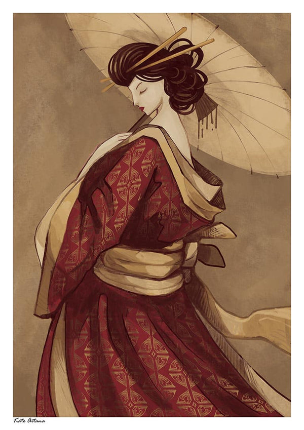 Illustration of a geisha in a red kimono with a parasol, featured on the Shanghai Geisha - Kate Aitana product page.