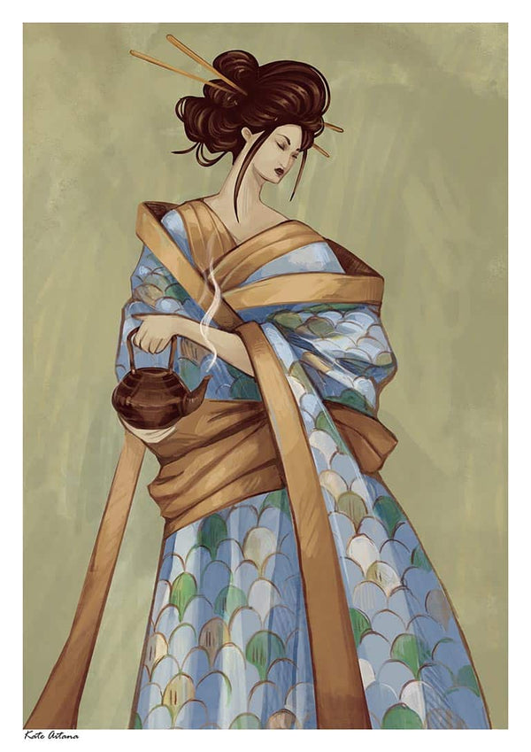 Illustration of a geisha in a patterned kimono holding a teapot, from Becoming Geisha by Kate Aitana.
