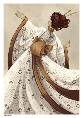 Elegant geisha in a white patterned kimono with brown obi and hair sticks, viewed from behind.