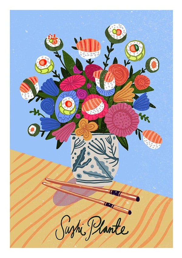 Art print of a floral bouquet with sushi rolls in a vase, displayed on Sushi Plante - Nina Broen product page.