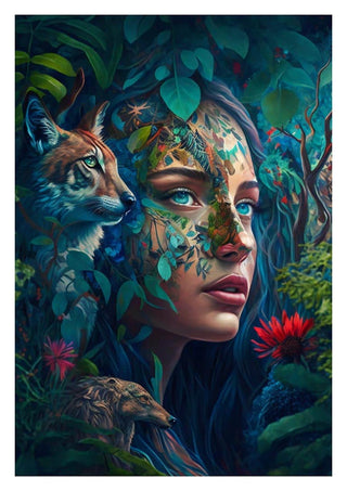 Surreal portrait of a woman blending with forest plants and animals, inspired by "Woman of the Forest."
