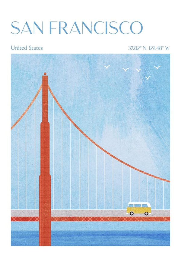 Illustration of the Golden Gate Bridge with a yellow van, titled "San Francisco" by Henry Rivers.