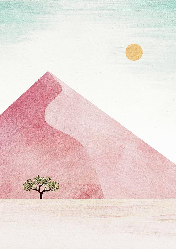 Minimalist art of Sossusvlei: pink sand dune, single tree in foreground, sun in pale sky. Art by Henry Rivers.