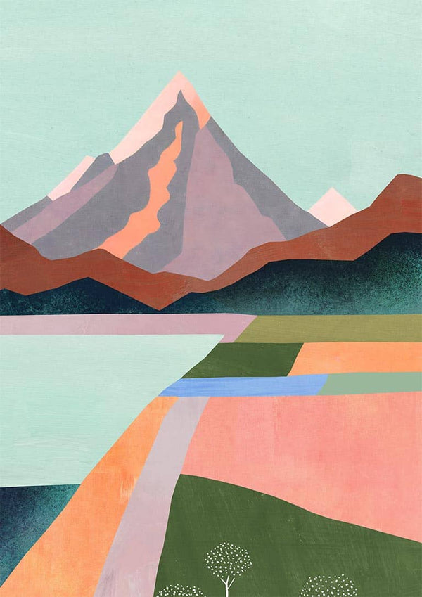 Geometric landscape art print of a mountain with colorful fields and trees, by First Blossom- Henry Rivers.