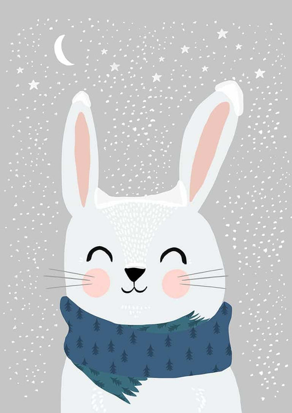 Illustration of a smiling white bunny wearing a blue scarf with trees, under a snowy night sky.