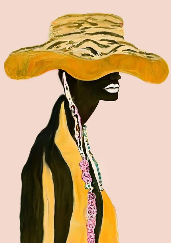 Abstract portrait of a person in a wide-brimmed hat with yellow and pink accents, from Crazy And Tomorrow - David Wolf.