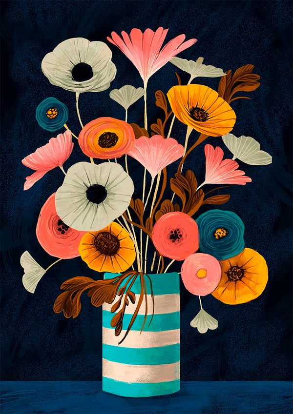 Vibrant flowers in a striped vase, featured on the product page for I'm Guilty by David Wolf.