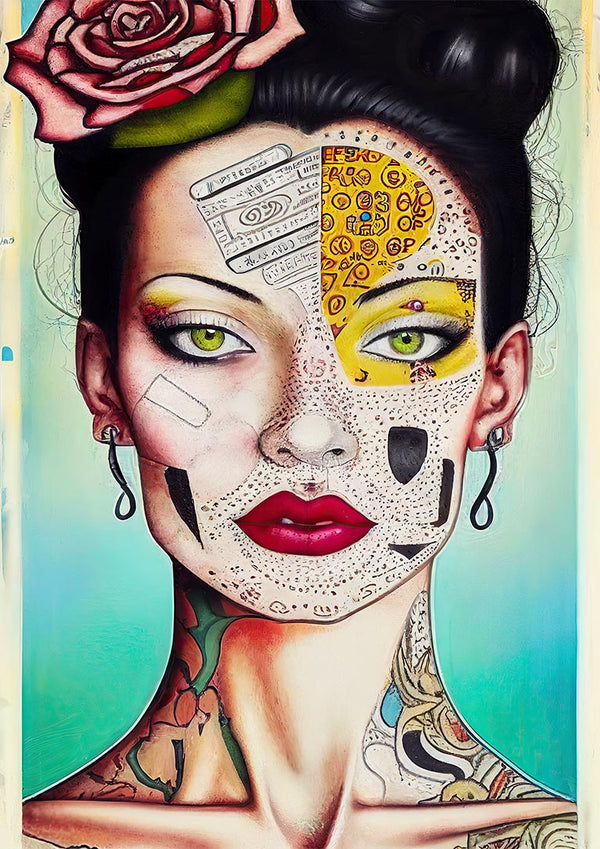 A stylized woman with tattoos and a rose in her hair, showcasing Spirit Of Beauty - Tara Green’s unique design.
