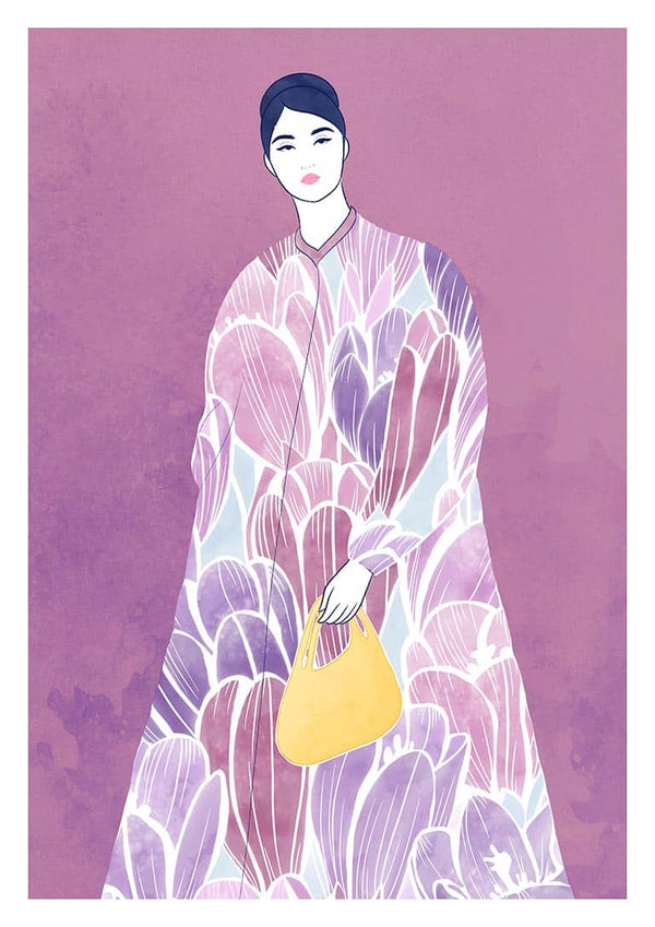 Illustration of a woman in a floral-patterned dress holding a yellow bag, featured for This Love Of Mine - Elara Monet.