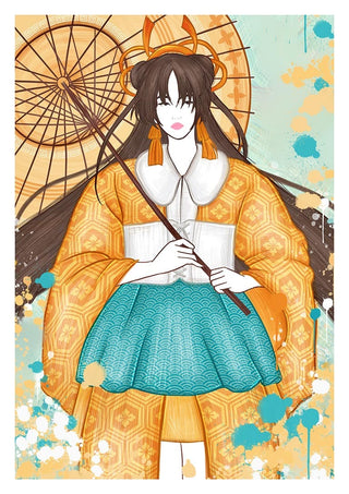 Illustration of Kate Aitana in ornate Japanese attire holding an umbrella; product page for Japanese Strength.