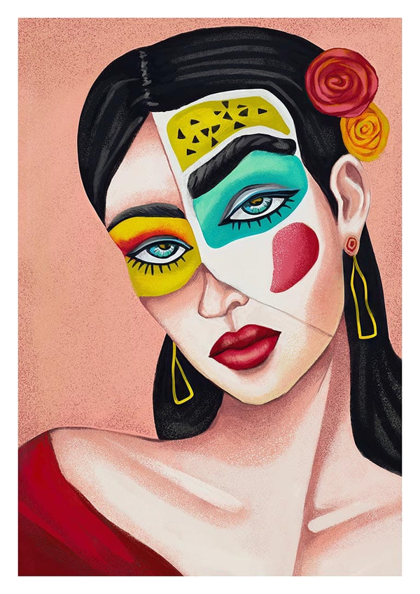Abstract portrait of a woman with colorful geometric face paint, bold red lips, and earrings on a peach background.