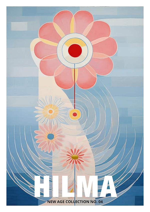 Abstract art print for Hilma No 04 - Tara Green featuring bold flowers and geometric shapes on a blue background.