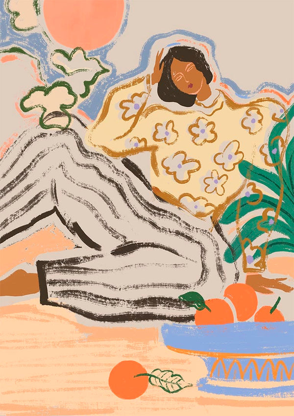 Illustrated woman lounging in floral sweater and striped pants near a bowl of oranges, plants, and abstract shapes.