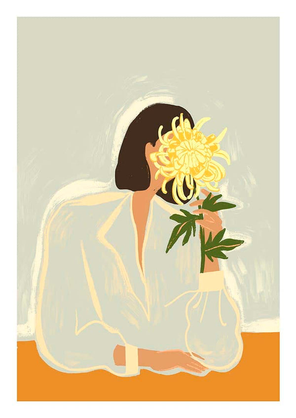 Illustration of a person in a light shirt holding a yellow chrysanthemum, covering their face.