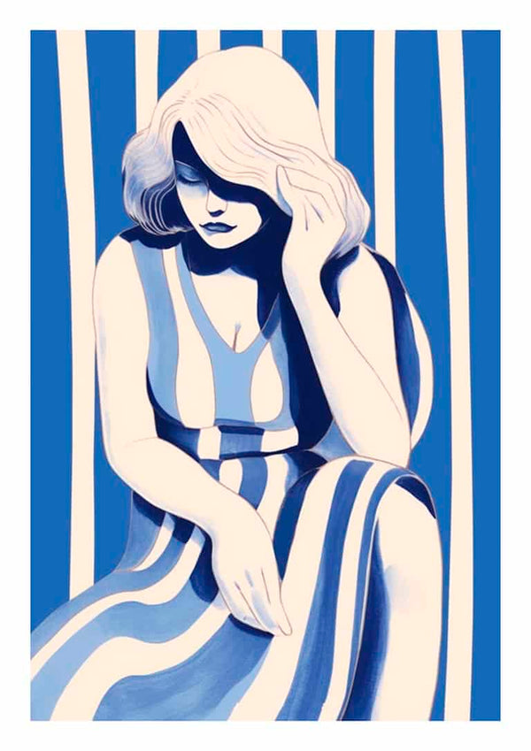 Stylized woman in a blue and white striped dress, sitting with head bowed and hand touching her hair.