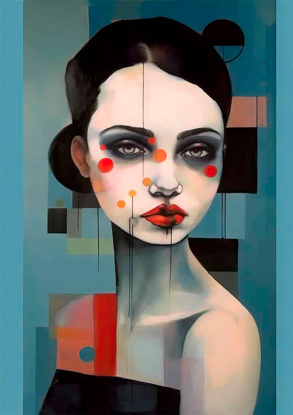 Abstract portrait of a woman with dark hair, red cheeks, and geometric shapes on a blue background.