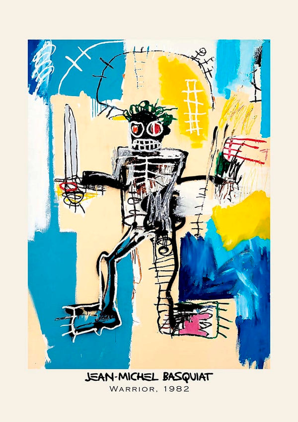 Abstract painting "Warrior" by Jean-Michel Basquiat, featuring a bold skeletal figure with vibrant colors.