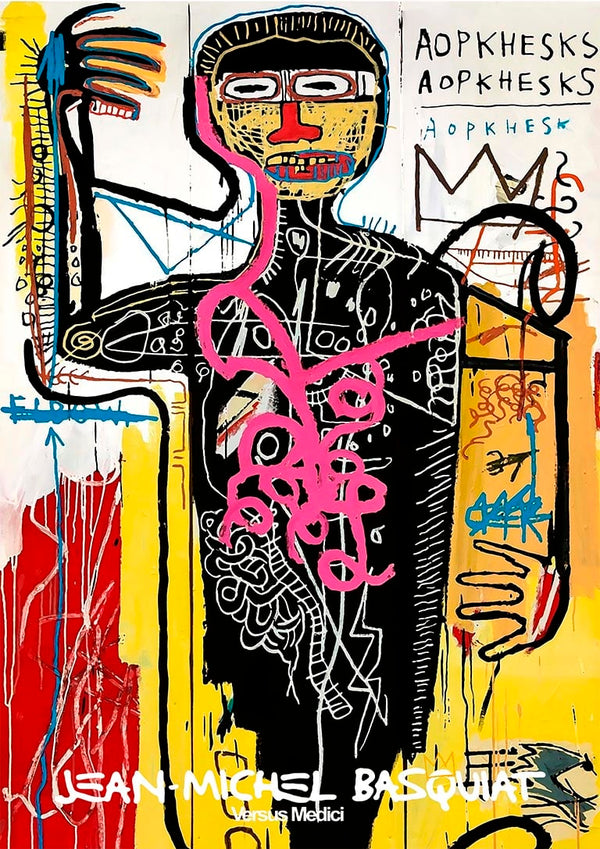 Abstract artwork "Versus Medici" by Jean Michel Basquiat, featuring vivid colors and bold, expressive lines.