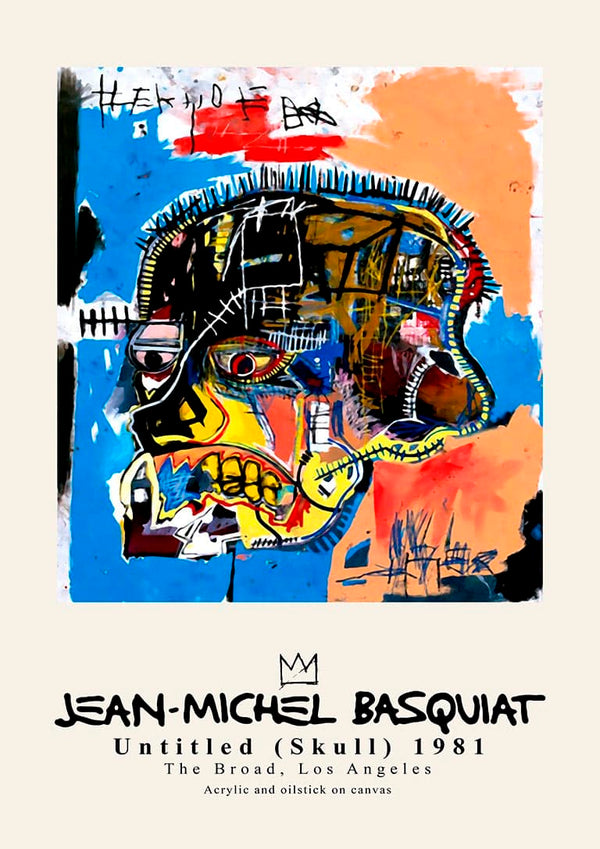 Basquiat’s "Skull" artwork featuring a colorful, abstract skull on a blue background with text and graffiti elements.
