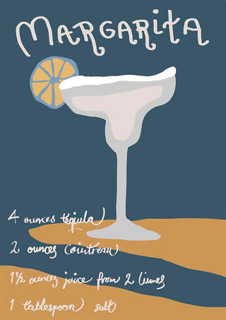 Illustration of a margarita cocktail with lime slice, displaying ingredient list for making a margarita.