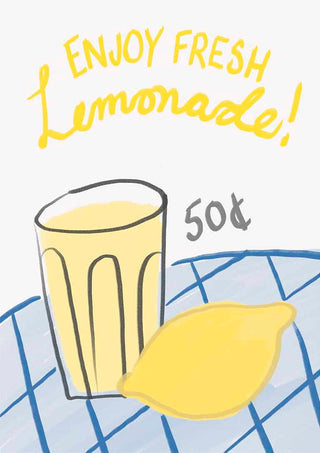 A glass of fresh lemonade and a lemon on a table with "Enjoy Fresh Lemonade! 50¢" written above.