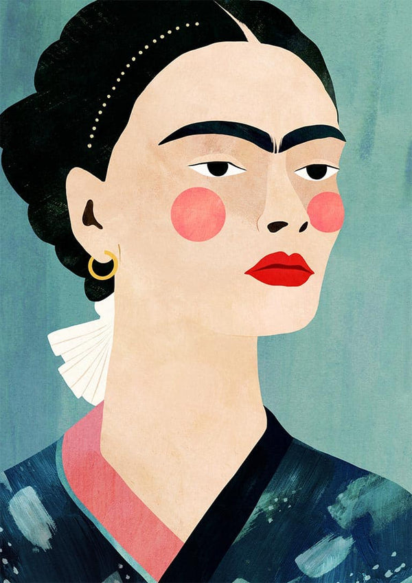 Stylized portrait of a woman with bold eyebrows and red lips on a blue background, from Mexican on Blue - Henry Rivers.