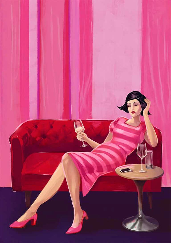 Illustration of a woman in a pink dress relaxing on a red sofa with wine, from Before Dinner by Kate Aitana.