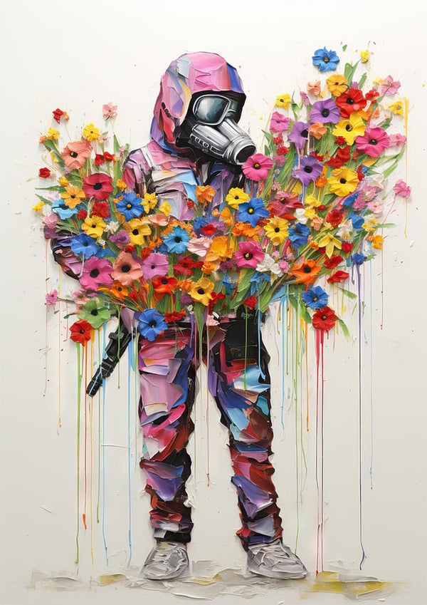 A soldier in a gas mask holds vibrant, colorful flowers; inspired by Banksy.